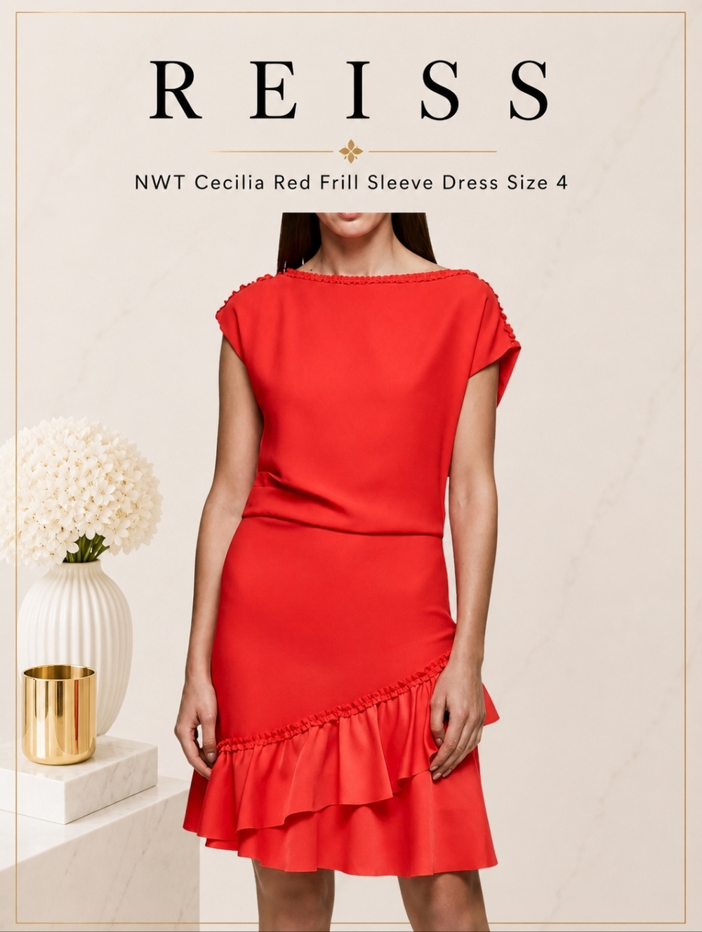 NWT Reiss Trendy Tomato Red Cecilia Sleeve Frill Detail Dress Size 4